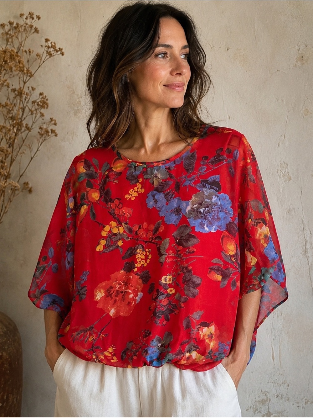Made in Italy Silk Blend Floral Bubble Hem Blouse Red Blue Large